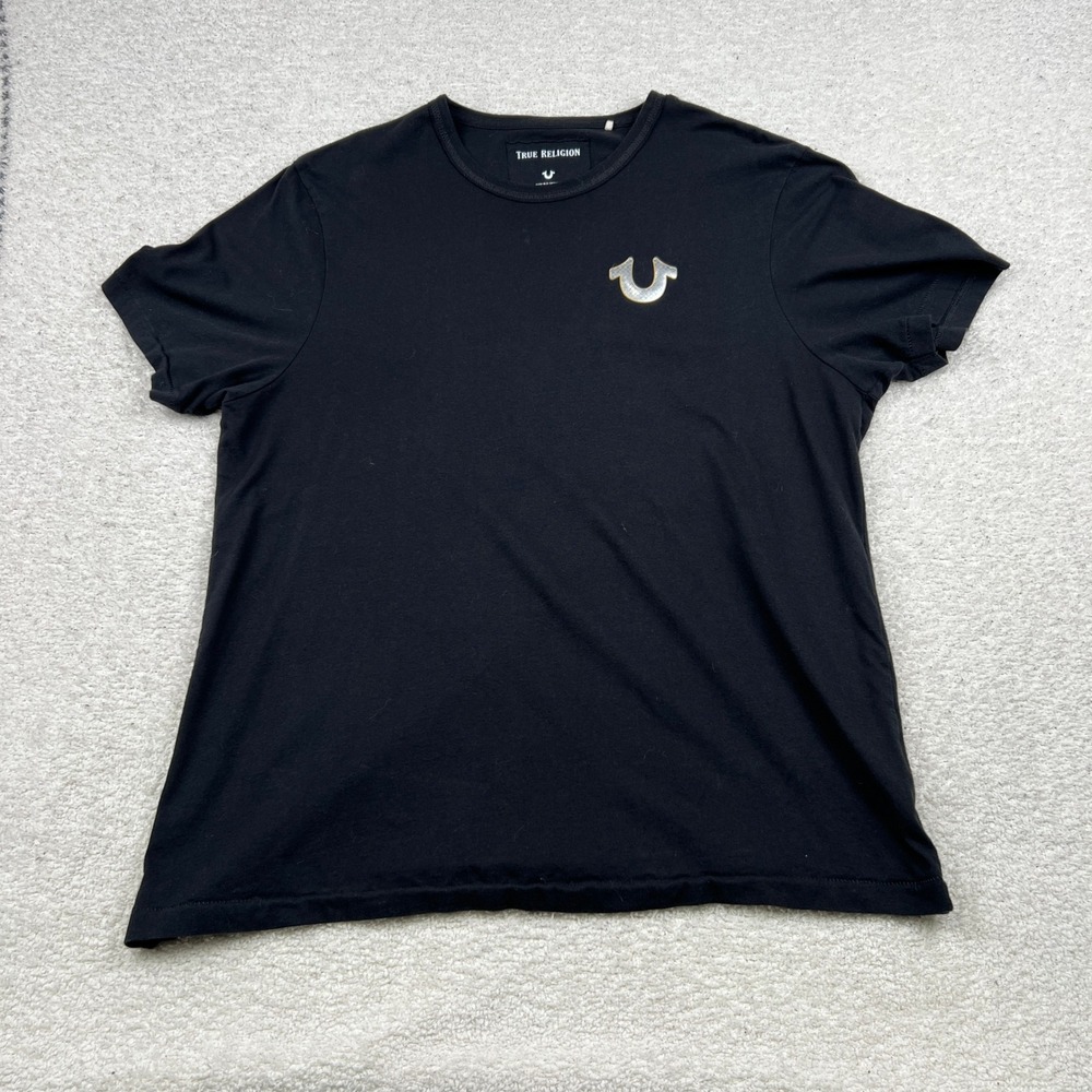 True Religion Womens Black Cotton Horseshoe Logo T-Shirt XXL Metallic Patch Tee